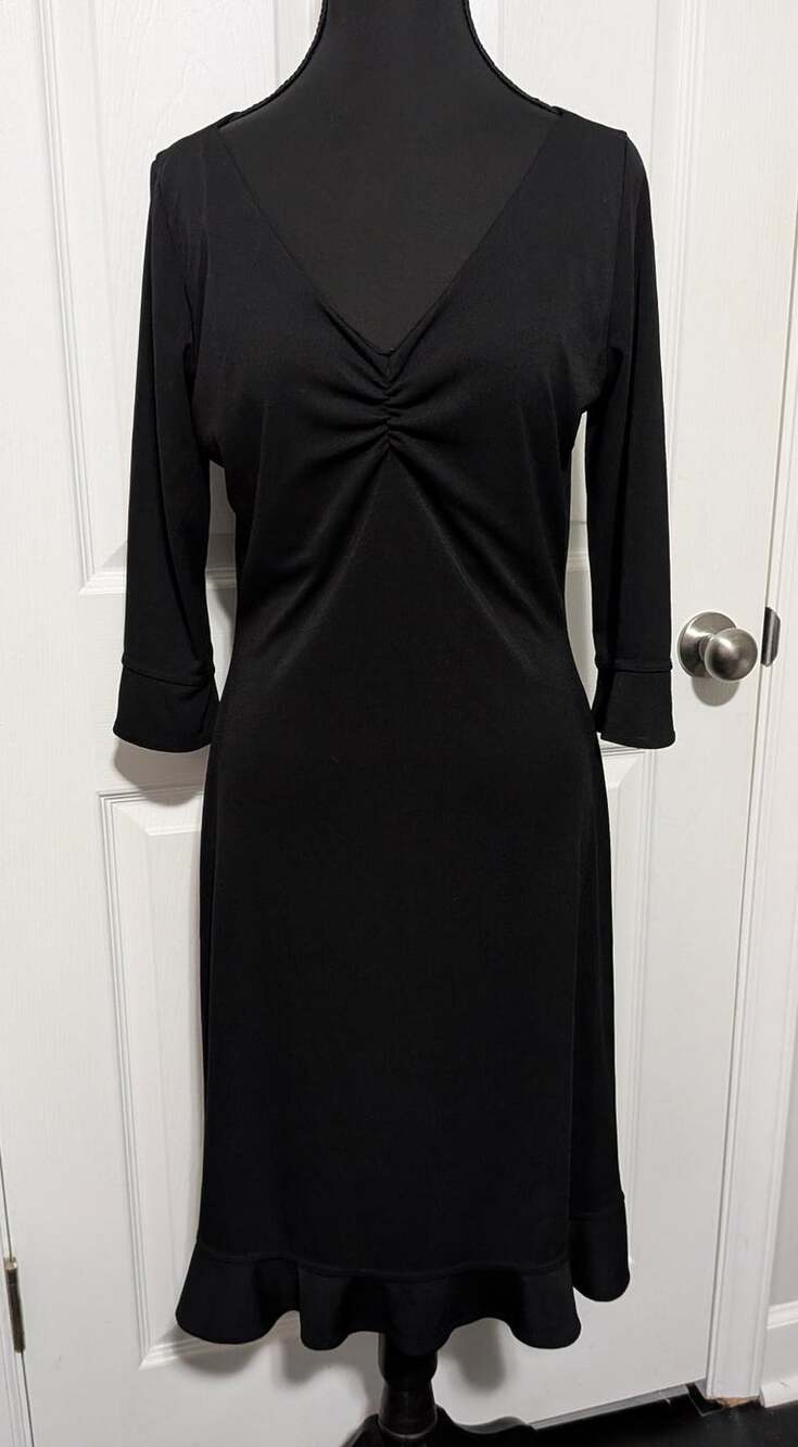 Front Row Black Midi Dress Small S Ruched V-Neck 3/4 Sleeve Flounce Ruffle Hem